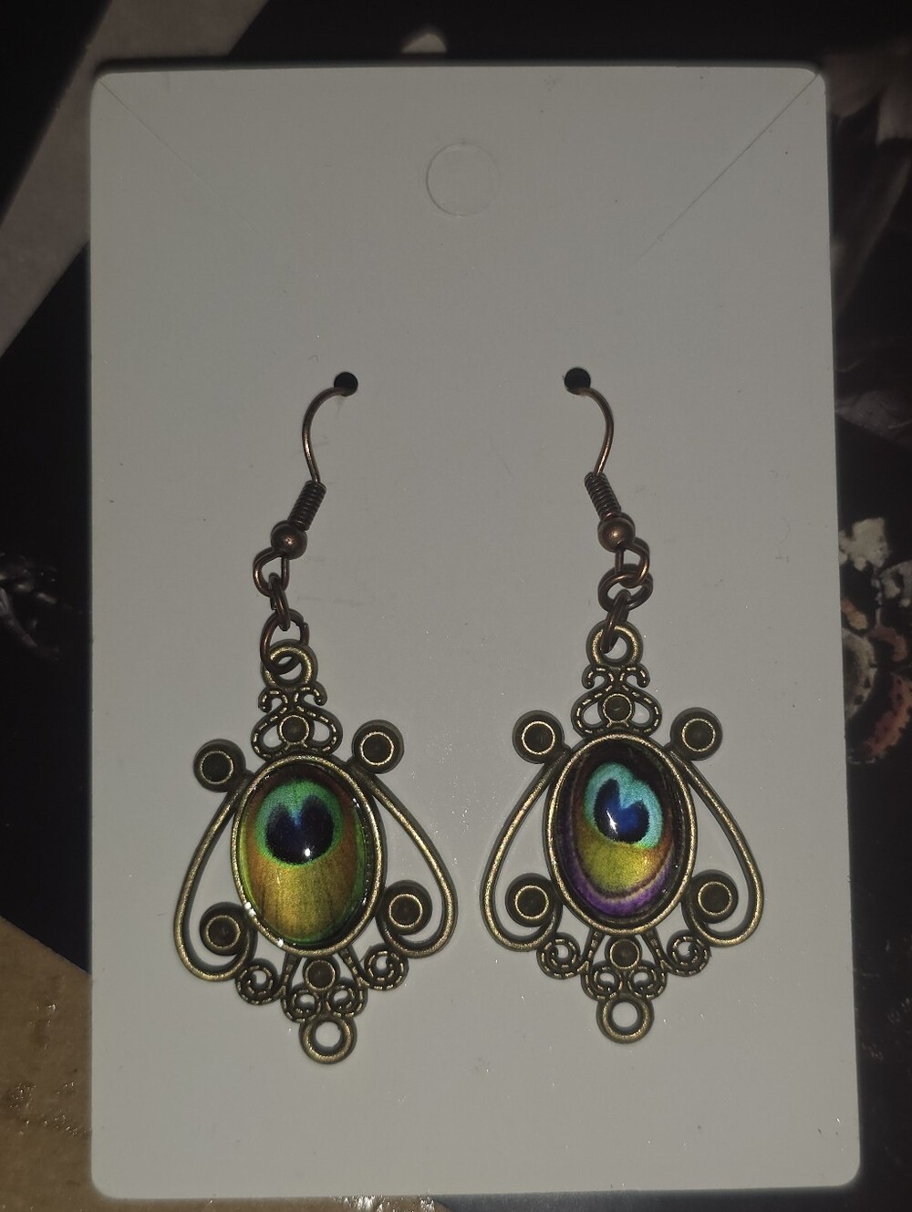 Peacock Cobochon Earrings Inside A Bronze Tone Vintage Inspired Frame